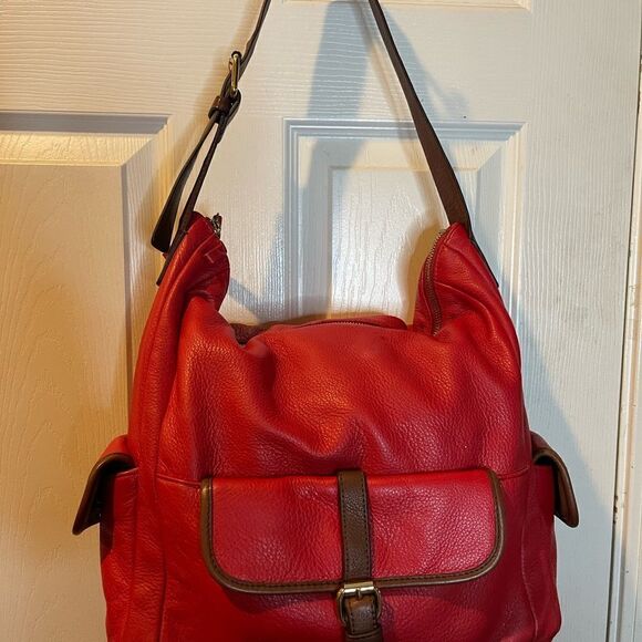 Isaac Mizrahi leather blood orange red shoulder bag with brown trims. - Picture 11 of 13